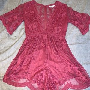 Low Cut Pink Lace Romper Small